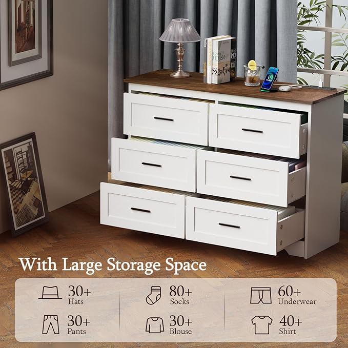 GEPELCN Farmhouse Dresser for Bedroom 6 Drawers Dresser with Power Outlets Rustic Chest of Drawers with Natural Texture White Organizer for Living Room Hallway