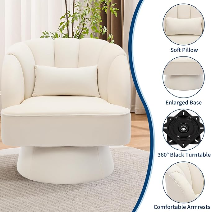 GarveeHome Modern Swivel Barrel Accent Chair, 360 Degree Velvet Upholstered Armchair with Striped Backrest & Plush Padding, Comfy Round Lounge Chair for Living Room, Bedroom, Reading Nook, Beige