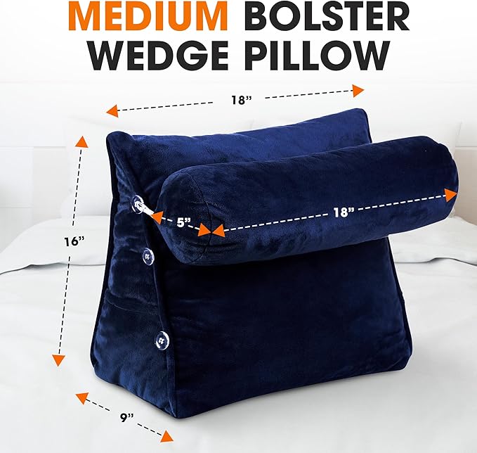 Cheer Collection Reading Wedge Pillow – TV Pillow with Adjustable Bolster Pillow, Memory Foam Back Support for Couch & Bed, Pillow Chair for Bed, Reading Pillows for Adults & Kids, Navy Blue