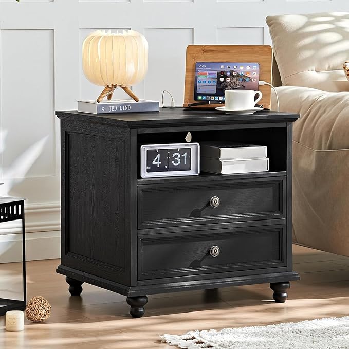 24" Wide Farmhouse Nightstand with Charging Station Set of 2, 45" Tall Rustic Chests of 5 Drawers w/ 4 Solid Wood Feet, Farmhouse Furniture Series for Living Room,Bedroom,Black