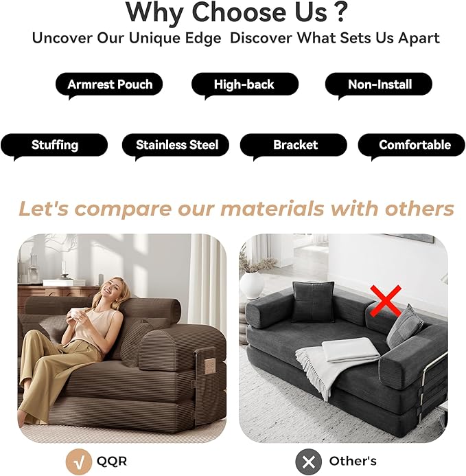 Upgrade High Backrest Design Sofa Bed with Fixed-Shape Frame & Removable Armrests and Backrest, Corduroy Fabric, Convertible Mattress Couch for Small Spaces - No Assembly Needed (High Backrest Brown)