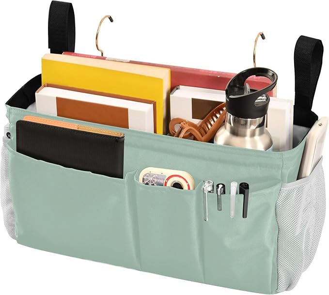 KOPIRIT Cyan Gray Bedside Caddy Storage Bag Bedside Organizer for College Dorm Top Bunk Bed Bedside Shelf Hanging Organizer 6 Pockets with Hooks for Magazine Water Bottle Holder