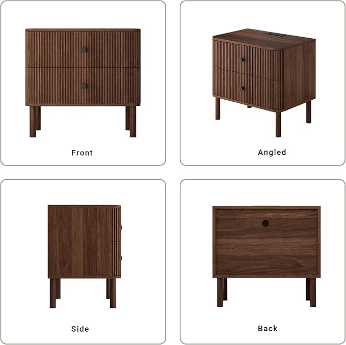 Night Stand with Charging Station, 24" Large Fluted Nightstand with Rounded Corners & Solid Wood Legs, 2 Drawers End Table with Storage, Mid Century Modern Bedside Table for Bedroom, Walnut