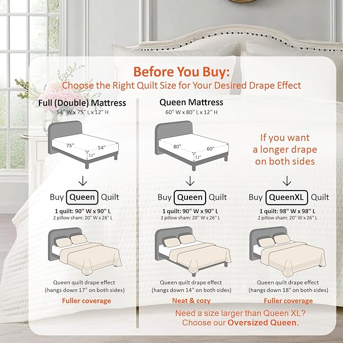 KASENTEX Queen Quilt Set 90"x90" – Soft Washed 3-Layer Lightweight Bedspread, Minimalist Nordic Design, All-Season Spring & Summer Quilt Set (1 Quilt + 2 Pillow Shams),Cream White