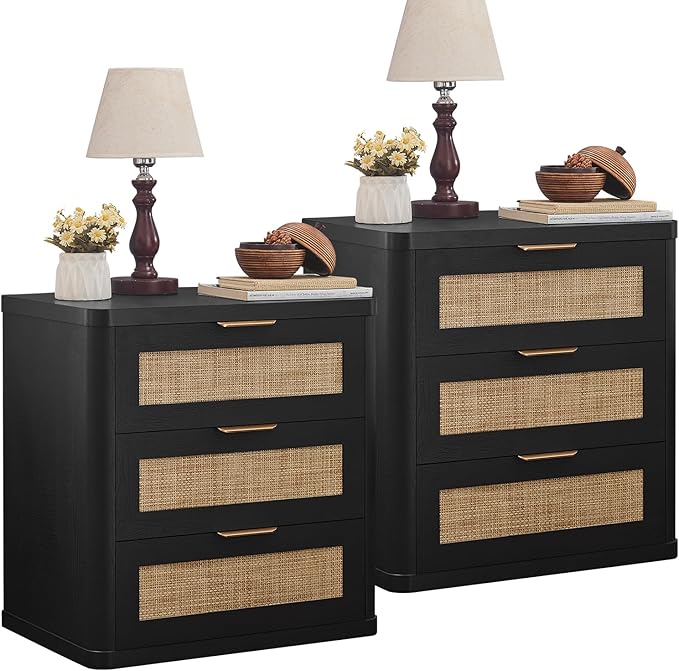 LEYAOYAO Rattan Night Stand Set of 2 with Drawers, 23" Large 3 Drawer Boho Nightstand, Natural Wood Bedside Table Storage Cabinet, Bed Side End Tables Dresser for Bedroom, Living Room, Hallway, Closet