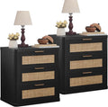 LEYAOYAO Rattan Night Stand Set of 2 with Drawers, 23" Large 3 Drawer Boho Nightstand, Natural Wood Bedside Table Storage Cabinet, Bed Side End Tables Dresser for Bedroom, Living Room, Hallway, Closet