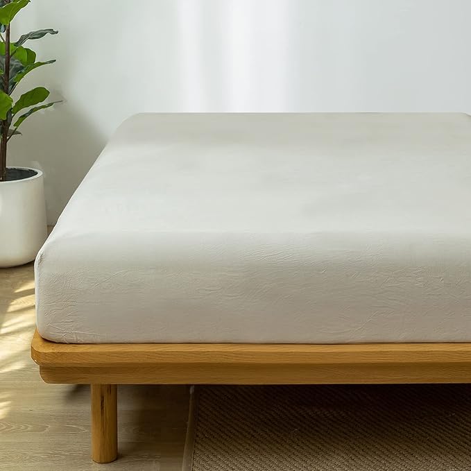MooMee Fitted Bottom Sheet Only 100% Washed Cotton Linen Like Textured Breathable Durable Soft Comfy Deep Pocket Fits Mattress up to 17" (Cream Grey, King) New