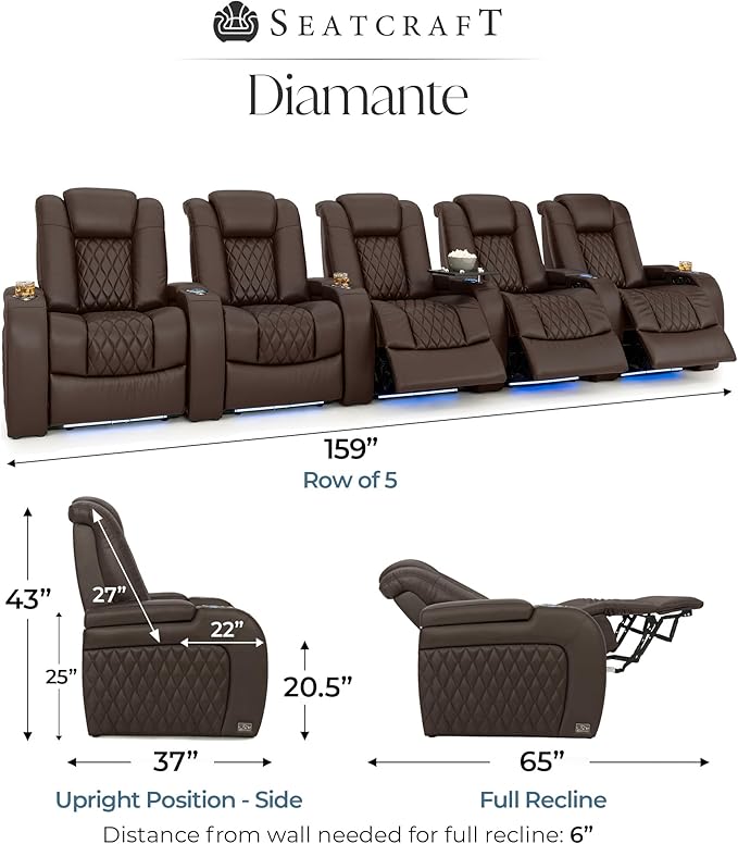 Seatcraft Diamante Zero-Gravity CoolZero Italian Leather Home Theater Seating, Power Headrest, Power Recline, Row of 5, Brown