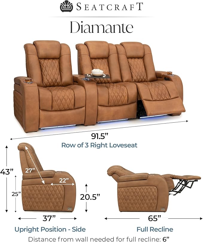 Seatcraft Diamante Zero-Gravity CoolZero Italian Leather Home Theater Seating, Power Headrest, Power Recline, Row of 3 Right Loveseat, Tawny