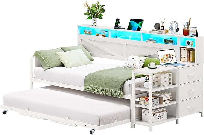 VIAGDO Daybed Twin with Pop Up Trundle, Farmhouse Wooden Day Bed Frame with 3 Storage Drawers and Shelves, Twin to King Daybed with Charging Station and LED Lights for Bedroom, Guest Room, White