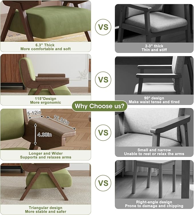 Accent Chair Mid Century Modern Chair, Velvet Upholstered Lounge Arm Chair with Solid Wood, Cozy Reading Chair for Living Room, Bedroom, Balcony (Green)