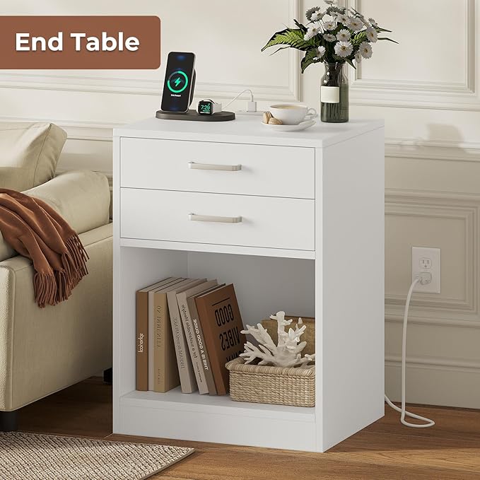 ADORNEVE Nightstands Set of 2,White Night Stand with Charging Station & Drawers,Night Stands for Bedrooms 2