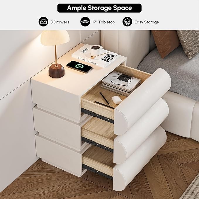 homary Smart Nightstand with Wireless Charging, USB & Type-C Ports – Modern Off White Faux Leather Nightstand with 3 Drawers, Bedside Table with Charging Station for Bedroom