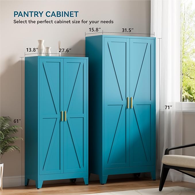 Farmhouse Pantry Cabinet with Barn Doors, 71" H x 31.5" W, 5-Tier Metal Storage Cabinet with 4 Adjustable Shelves for Kitchen Garage Dining Room,Blue