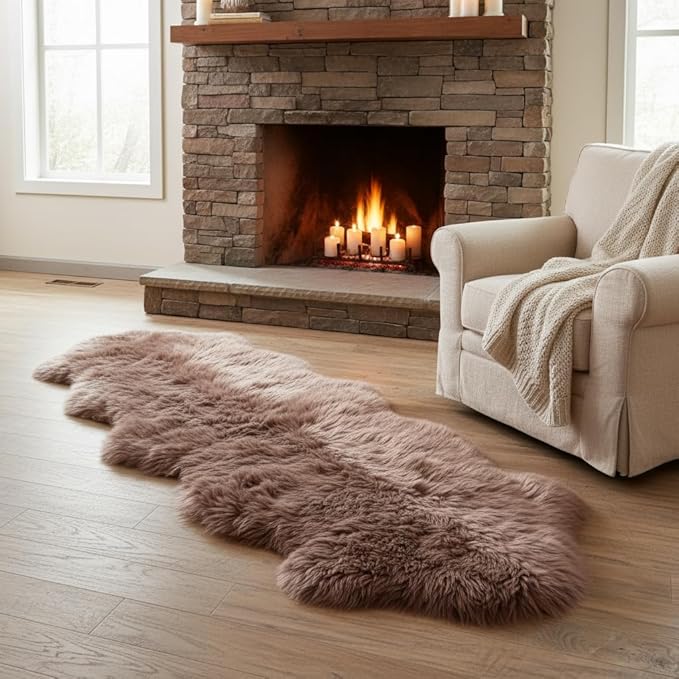 Premium Genuine Sheepskin Rug 2' x 6' Long Fur Soft & Natural Bedside Area Rug, Tan, Double Pelt