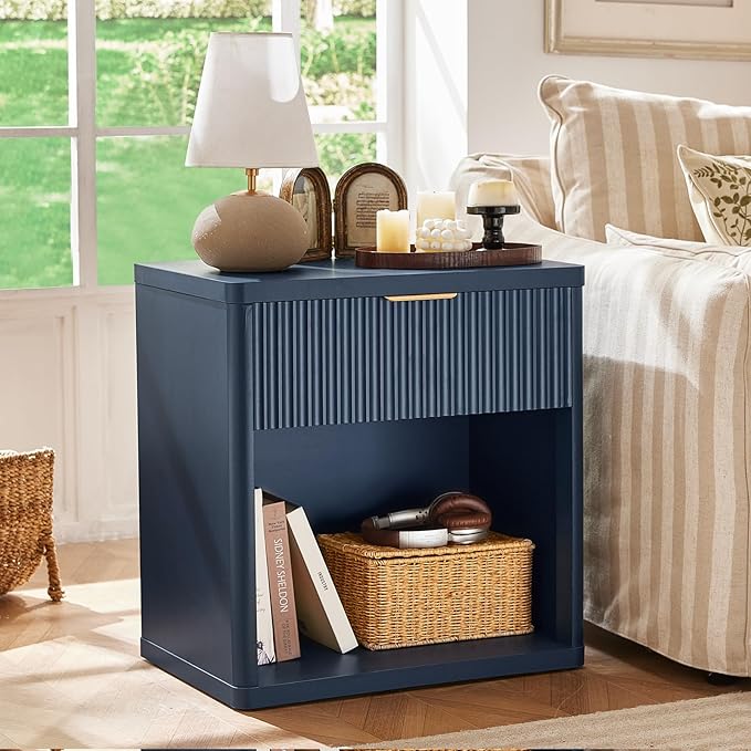 LEYAOYAO 48" Wide Fluted Dresser and 1 Drawers 23" Nightstand Set of 2, Wooden Dresser & Night Stand with Charging Station, 3 Piece Bedroom Furniture Set, Chest of Drawer for Living Room,Blue