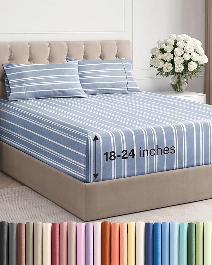 Extra Deep Twin XL Sheet Set - 4 Piece Breathable and Cooling Sheets - Hotel Luxury Bed Sheets Set - Easy Fit - Soft, Wrinkle Free and Comfy Sheets Set - Blue Striped Sheet Set with Extra Deep Pockets