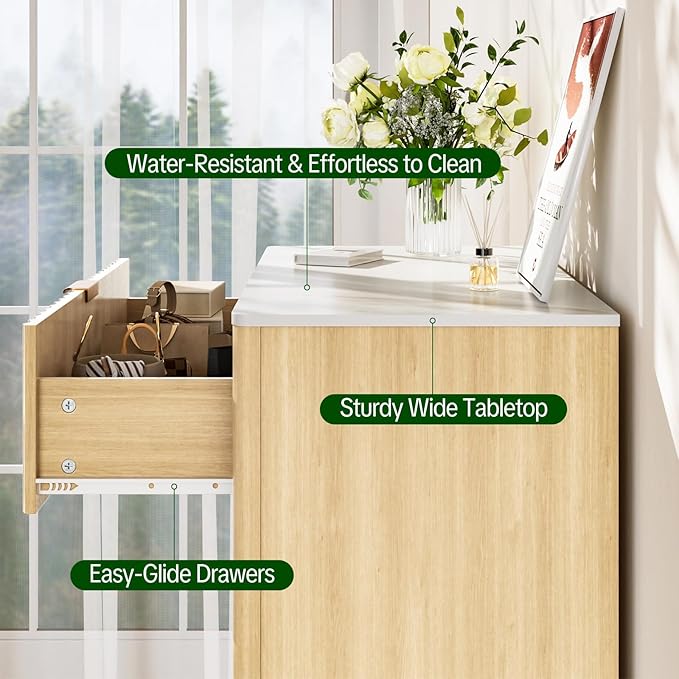 Fluted 5 Drawers Dresser, 48" H Modern Country Storage Dressers with Brushed Metal Handles, Wood Storage Organizers for Bedroom, Living Room, Hallway, Beige