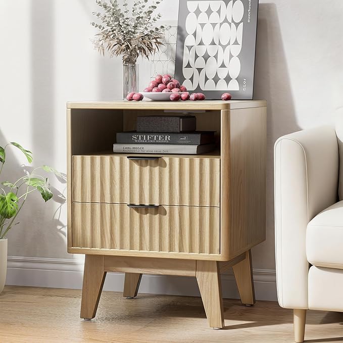 Nightstand Set of 2 with Charging Station, Modern Fluted 2 Drawer End Tables with Storage Shelf, Natural Oak Bedside Tables for Bedroom & Office