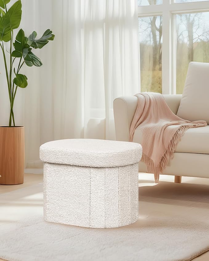 B FSOBEIIALEO Storage Ottoman for Dorm Room, Boucle Folding Storage Ottoman Foot Rest, 16.14 Inches Small Collapsible Ottoman Cube for Living Room White