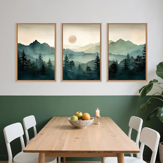 LHIUEM Large Boho Mountain Framed Wall Art Set,Green Foggy Forest Wall Painting,Abstract Nature Sunrise Artwork,Watercolor Pine Tree Wall Decor for Living Room,Bedroom,Office-16''x24''x3
