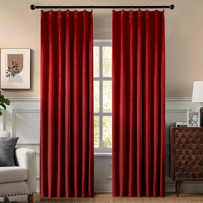 Pinch Pleated 100% Blackout Curtains for Bedroom, Red Velvet Curtains for Living Room, Black Out Curtain 84 inch Long Room Darkening, Blackout Pinch Pleat Drapes with Hooks 2 Panels