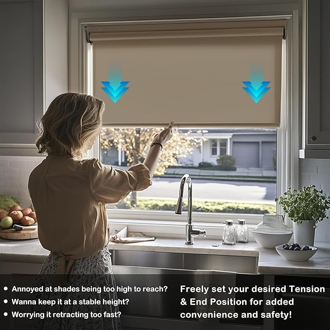 HESTIA No Drill Cordless Blackout Roller Shades Screwless Waterproof Shower Window Blinds, Auto-Retraction Easy Install Blind for Bathroom/Kitchen/Office/Exterior, Greige, 42.5" W x 72" H