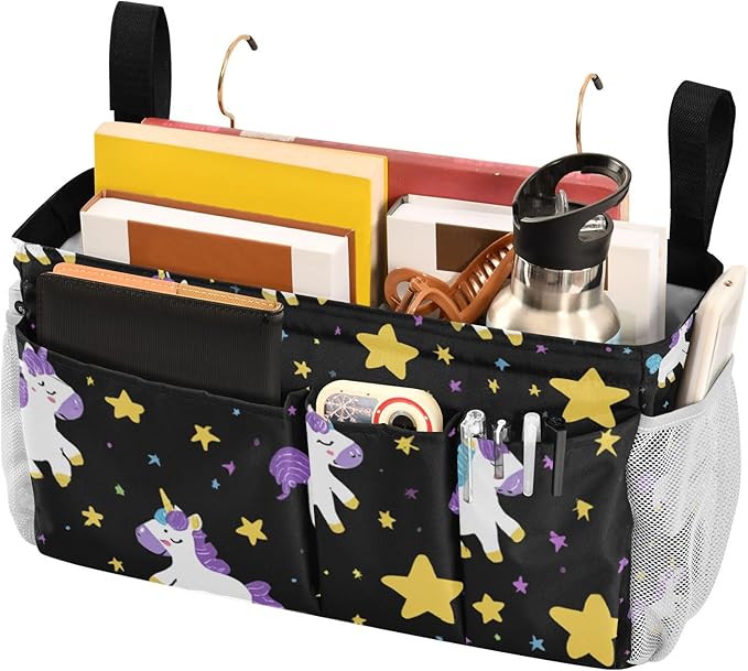 Bedside Caddy Hanging Bunk Bed Caddy Bed Organizer Hanging Pocket with 2 Hooks Bedside Storage Organizer Pocket Bag Holder Cute Unicorns Hearts Black