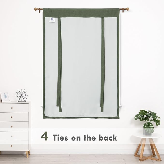 DriftAway Double Layer Linen Blackout Tie Up Curtains Thermal Insulated Fully Lined Balloon Roman Shade Bathroom Window Adjustable Rod Pocket for Small Window 31 Inch by 47 Inch Olive Green