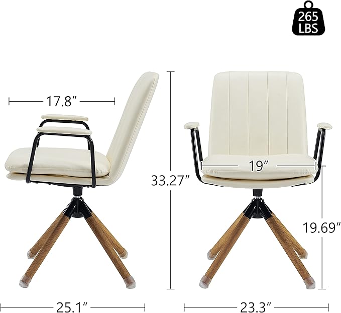 Art Leon Desk Chair No Wheels, Set of 2, Mid Century Modern Swivel Chair with Oak Wood Legs, Faux Leather Home Office Desk Chairs for Bedroom Living Room, Off White