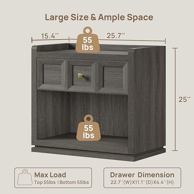 SICOTAS Night Stand Set 2, 26" Wide Nightstands with Drawer, Large Queen Size Nightstands Set of 2, Modern Bedside Table for Bedroom, Side End Table (Dark Grey Oak, 26-Inch)