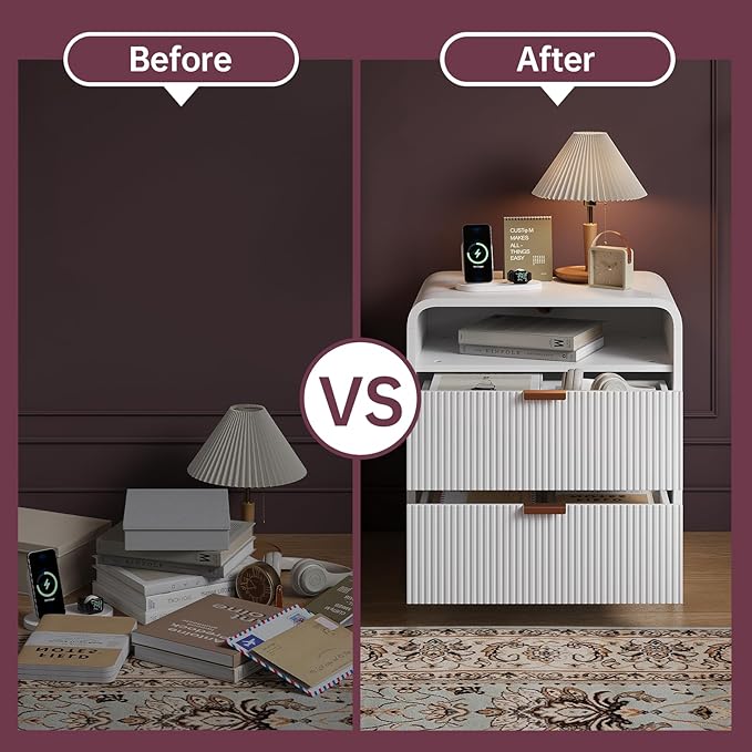 FURSUN 24" Fluted Nightstand Set of 2 with Charging Station, Wooden End Table with 2 Drawers Storage, Curved Profile Design, Modern Bedside Cabinet for Bedroom, White