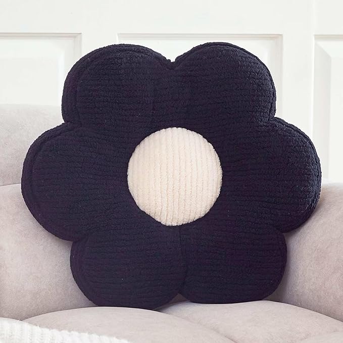 Kcvvcr Flower Pillow, Cute Daisy Decorative Pillow for Bed, Soft Home Decor Floor Seating Cushion (Black, 14.9 Inches)