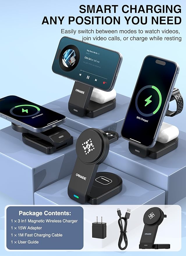 3-in-1 Charging Station for Apple MagSafe Charger, Foldable Wireless Charging Station Magnetic Charger Stand for iPhone 17 Air/16/15/14/13/12 Series/Apple Watch10-2/Airpods (Black)