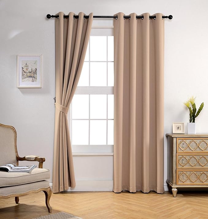 MIUCO Room Darkening Soild Grommet Blackout Curtains for Kids Bedroom Window Curtains Set of 2 52x84 Inch Taupe, Bonus 2 Tie Backs Included