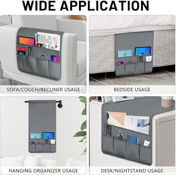 WETRBWEH TV Remote Control Holder Couch Caddy, Non-slip Bedside Caddy Organizer with 5 Pockets for Key Glasses Phone Magazine Holders (Gray, 35''x18'')