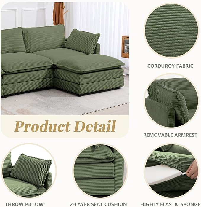 112'' Sectional Modular Cloud Couch, Oversized L Shaped 3 Seat Sofa with Movable Ottomans, 2 Throw Pillows, Upholstered Corduroy L Shape Comfy Deep Couches for Living Room and Office, Green