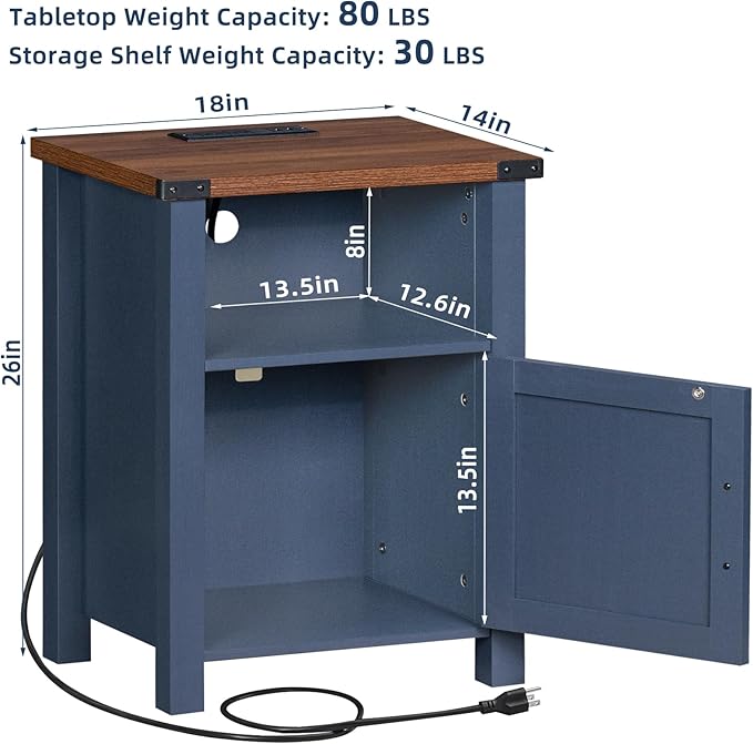 Joaxswe Night Stand Set of 2, 18 Inch Farmhouse Nightstand with with Charging Station and USB Port, Rustic Couch End Table with Magnetic Door, Wood Bed Side Tables for Bedroom, Home, Navy Blue