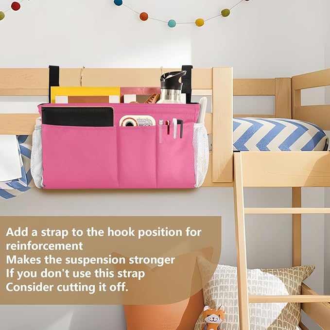 KOPIRIT Neon Rose Red Bedside Caddy Storage Bag Bedside Organizer for Dorm Room Top Bunk Bed Hanging Bag Bedside Shelf 6 Pockets with Hooks for Magazine Water Bottle Holder