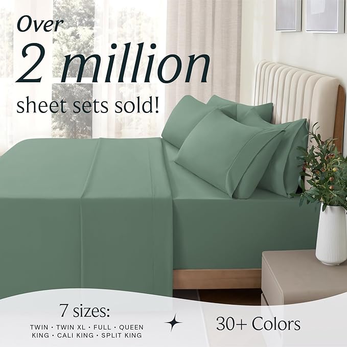 LuxClub 4 PC Full Sheet Set, Deep Pockets Wrinkle Free Cooling Bed Sheets Hotel Bedding for Women, Men, Kids & Teens, Includes 1 Fitted Sheet, 1 Flat Sheet and 2 Pillowcases-Soft Tree Moss Green
