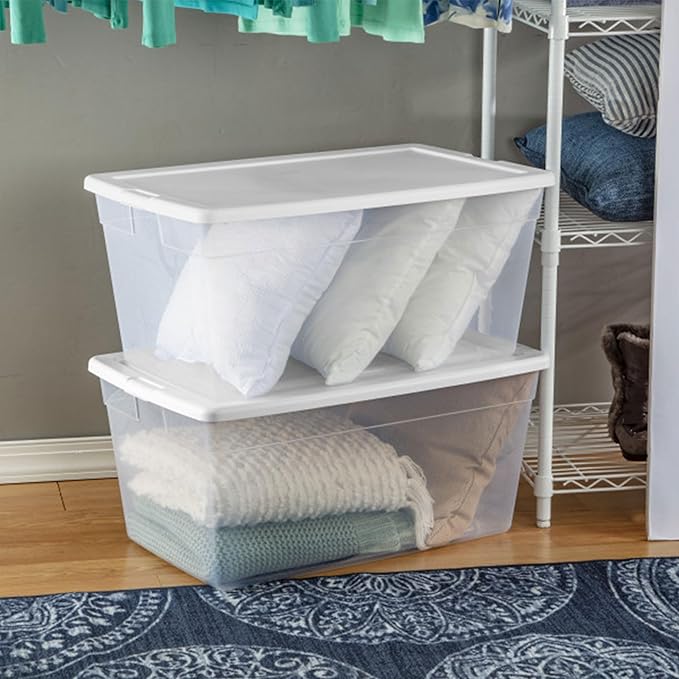 Sterilite 90 Qt Storage Box, Stackable Bin with Lid, Plastic Container to Organize Clothes, Blankets, Towels in Closet, Clear with White Lid, 1-Pack