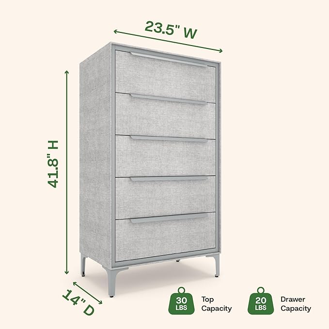 tinge Naima Premium Fabric Dresser - Strong Metal Frame, 5 Spacious Sag-Proof Drawers with Sleek Metal Handles - Premium & Durable Storage Solution for Your Home (Silver)