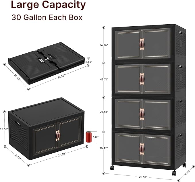 480Qt Stackable Storage Bins with Lids, 4 Pack Large Collapsible Bins with Wheels, Plastic Cabinet with Doors, Foldable Closet Organizers and Storage for Home, Dorm, Office, Black