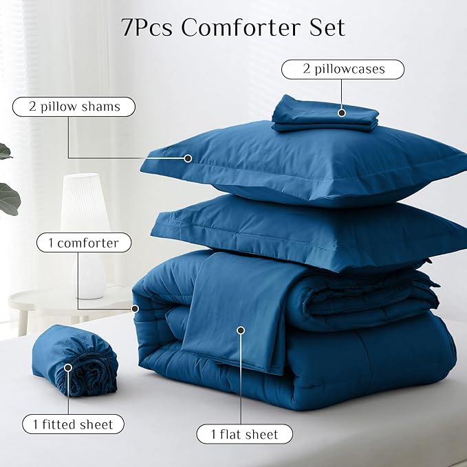 JOLLYVOGUE California King Comforter Set, Ultra-Soft Bed in a Bag Cal King Size 7 Pieces, Oeko-TEX Certified Bedding Set with Down Alternative Comforter, Sheets, Pillowcases & Shams, Teal