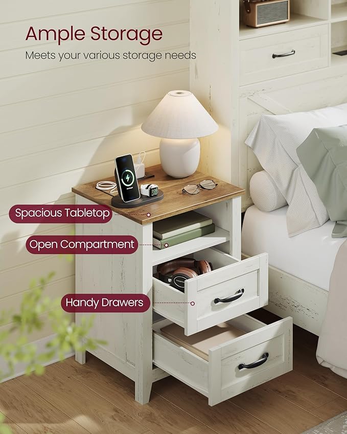 VASAGLE LIRY Collection - Farmhouse Nightstands with Charging Station, Set of 2 Bedside Tables, Side Tables with 2 Drawers, Open Compartment, for Bedroom, Rustic White and Honey Brown ULET869W01
