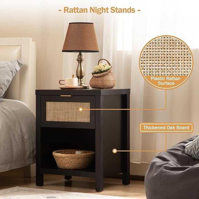 SICOTAS Rattan Night Stands Set of 2, Farmhouse Nightstand Bedside Table with Drawer and Storage Shelf, Boho End Side Table for Bedroom, Small Space, Black Oak