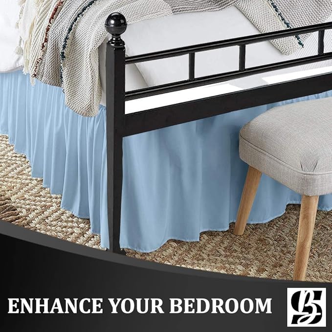 SKY BEDDINGS - Full Size Ruffled Bed Skirt with Split Corners - 14 Inch Drop Dust Ruffle Bed Skirt with Platform Three Sided Coverage - 100% Microfiber, Light Blue