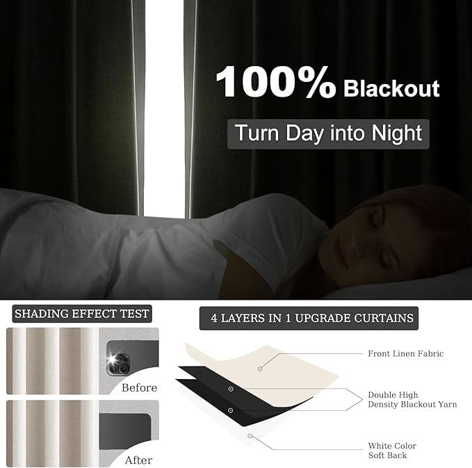 Topfinel Pinch Pleat Full Blackout Curtains & Drapes 84 Inch Length 2 Panels Set, Oatmeal Linen Room Darkening Soundproof Curtains with Hooks Rings for Bedroom Living Room Track System, Beige Ivory
