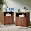 Evermagin Fluted Nightstand Set of 2 with Charging Station, Walnut Bedside Table with 2 Drawers, Wood End Table with Storage Mid Century Modern, Large Night Stand for Bedroom