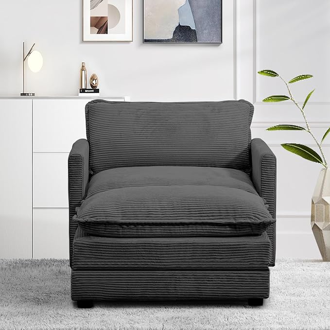 ROWHY Single Armchair with Ottoman, Modern Corduroy Cloud Couch with Convertible Chaise, Upholstered Sofa Set for Living Room and Office, Dark Grey